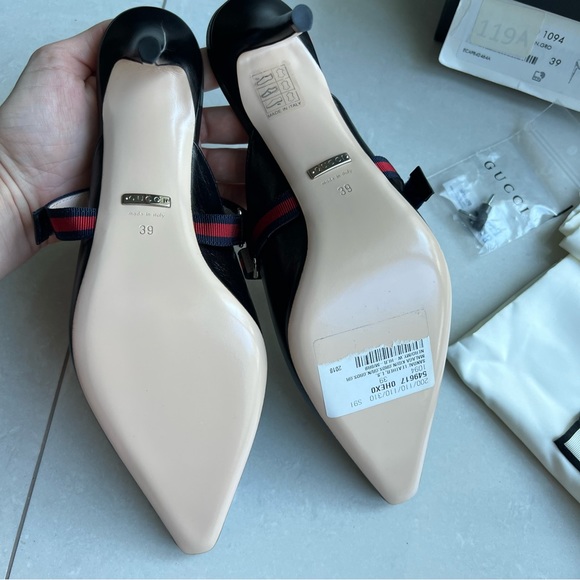 GUCCI Women's Signature Web Strap Horsebit High-Heel Leather Mules Black 39 NEW - Picture 13 of 14